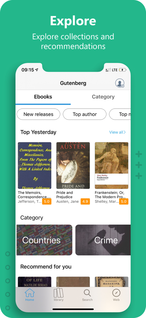 Mobile phone displaying the explore screen of the Gutenberg Ebook Reader app with classic literature recommendations and book categories