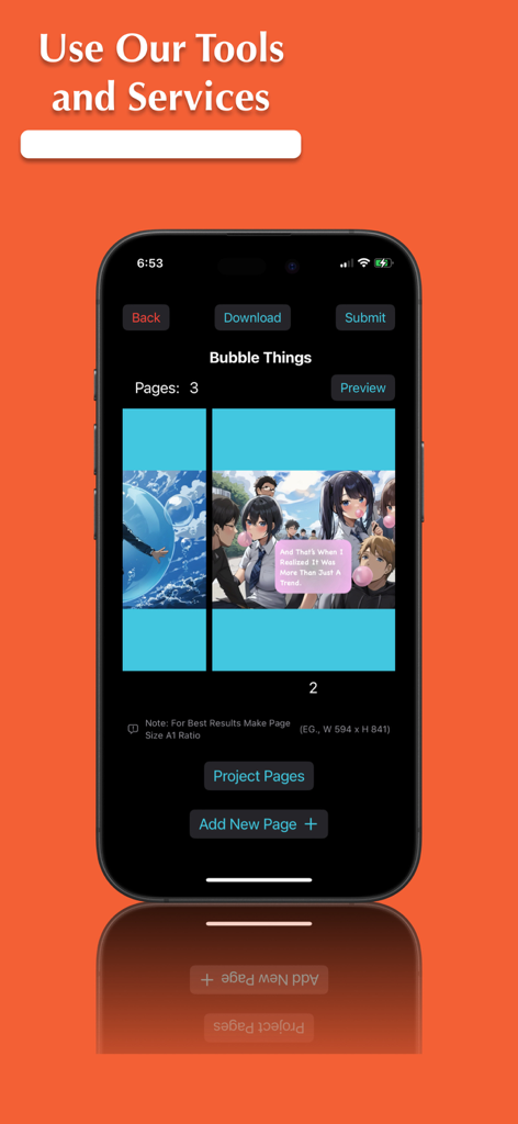 Dream Novels - The creation interface of the Dream Novels app showing tools to edit and publish visual novel pages