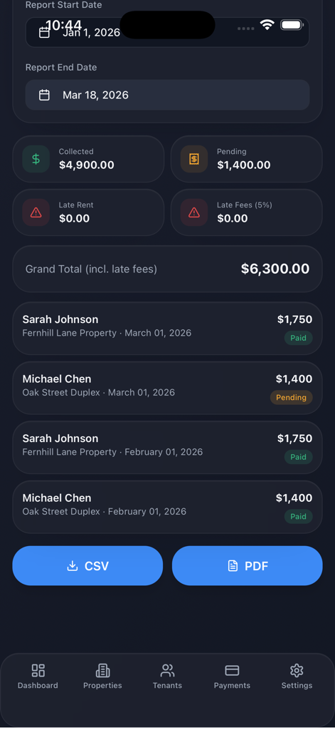 Rent collection report screen showing total collected and pending payments with options to export as CSV or PDF
