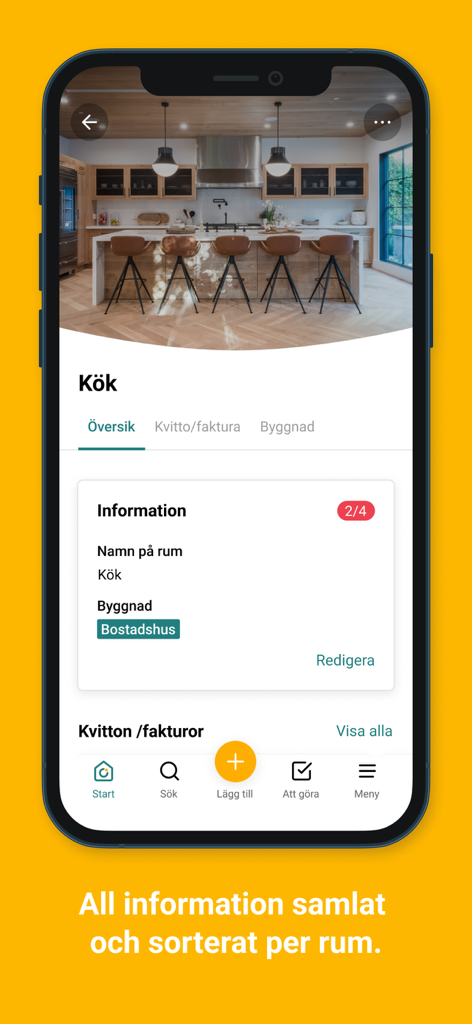 House:ID-bostadens loggbok - House IDデジタル住宅ログブックとキッチンルームの詳細、ドキュメント管理を表示するHouse:IDアプリのモバイル画面。