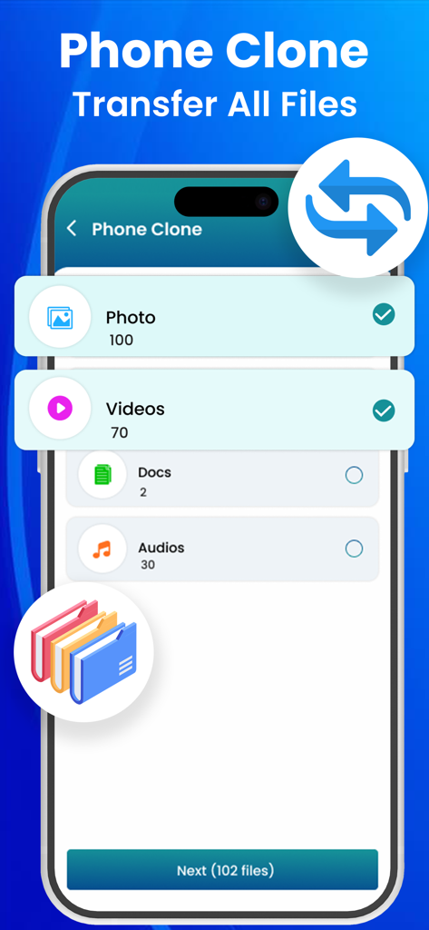 Smart Switch: Transfer My Data - Interface showing file selection categories for phone data transfer including photos and videos