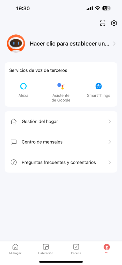 Ozom Smart Home - The user profile and settings screen of the Ozom Smart Home app showing voice assistant integrations like Alexa and Google Assistant