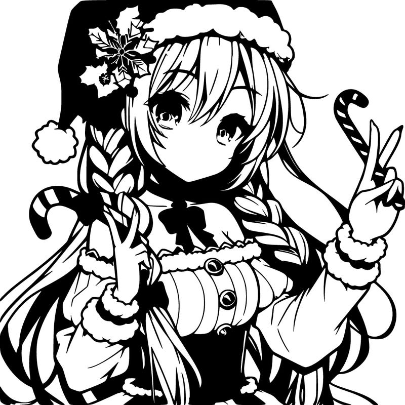 anime girl, with long straight hair with two braids in the front with a santa hat has a candy cane in one of her hands and a peace sign and another hand close up to your face. also a cute christmas outfit.