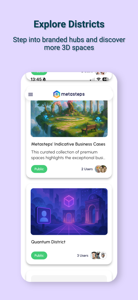 Metasteps - Metasteps app interface showing a list of virtual 3D districts and branded hubs to explore.