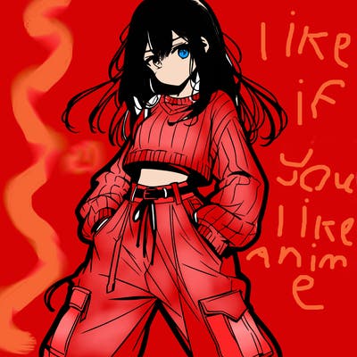 anime teen girl with baggy pants and crop top with sweater