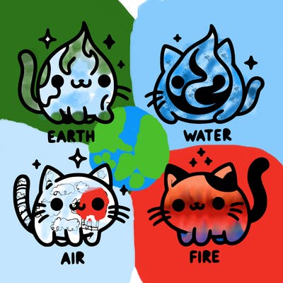 4 cats that represent the different elements, earth, water, air, and fire