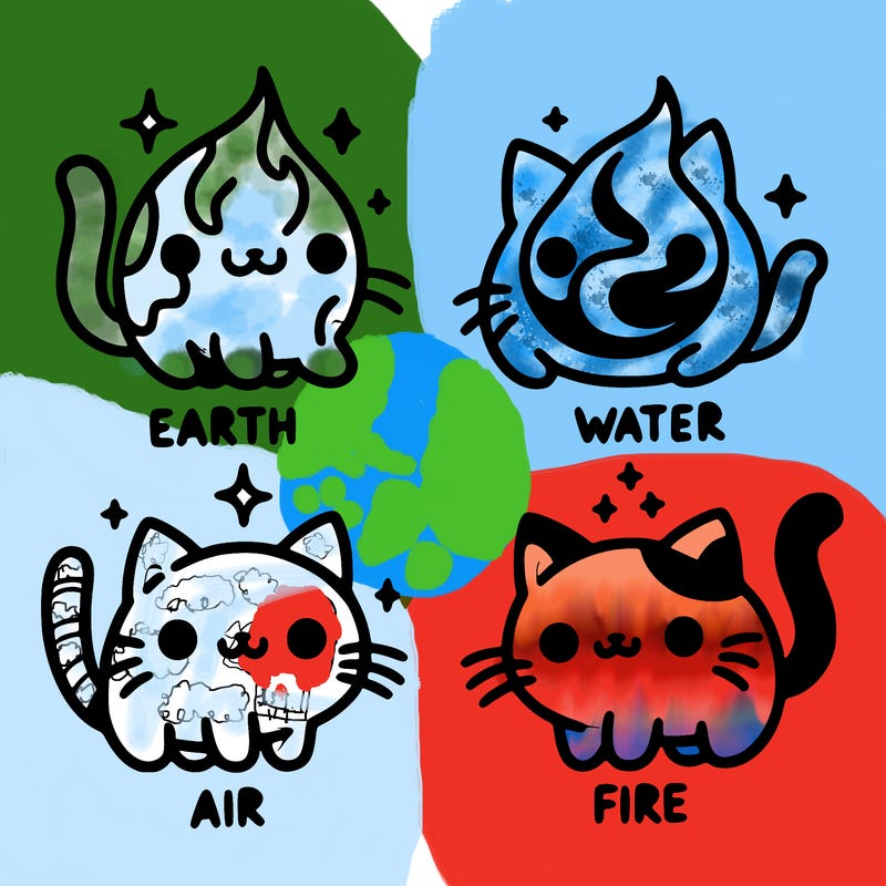 4 cats that represent the different elements, earth, water, air, and fire