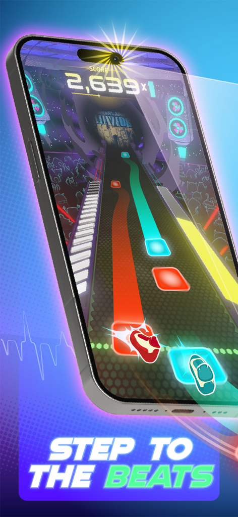 Dance Dash: Rhythm and Fitness - Smartphone zeigt Dance Dash-Gameplay mit bunten Rhythmus-Tracks und Schritt-Symbolen