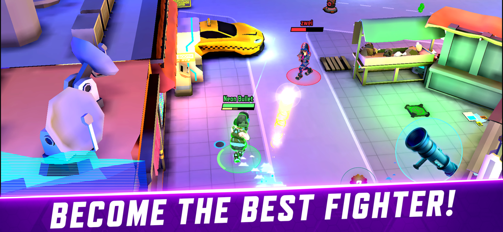 Gridpunk - PvP Battle Arena - Top down shooter gameplay in a neon cyberpunk city featuring two characters in combat