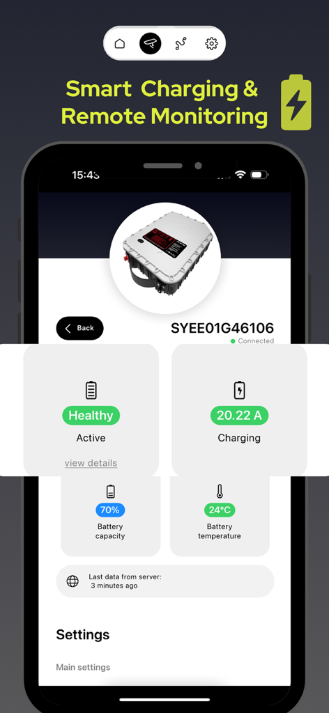 SiFly eFoils - Interfaz de la aplicación móvil para SiFly eFoils que muestra el estado de la batería en tiempo real y los datos de carga.