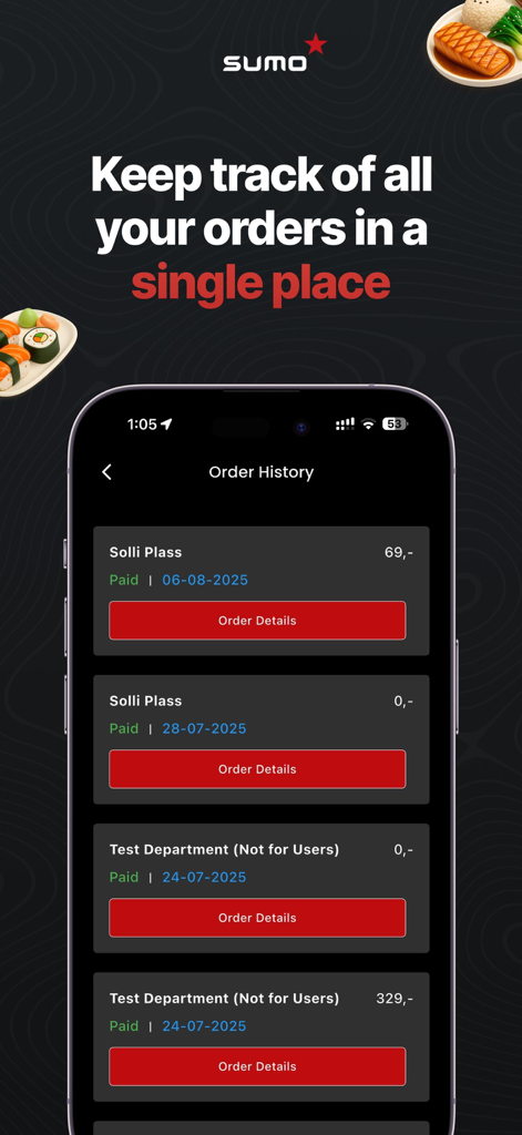 Sumo Restaurants - Bestellverlauf-Bildschirm in der Sumo Restaurants App, der eine Liste früherer Sushi-Lieferungen und Mitnahmebestellungen anzeigt.
