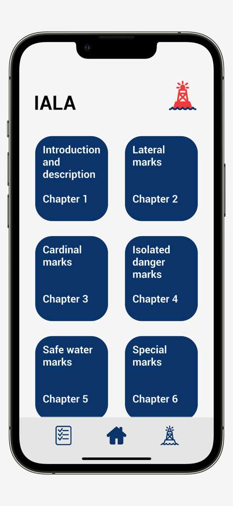 IALA System - Menu screen of IALA System app showing six chapters on maritime navigation marks