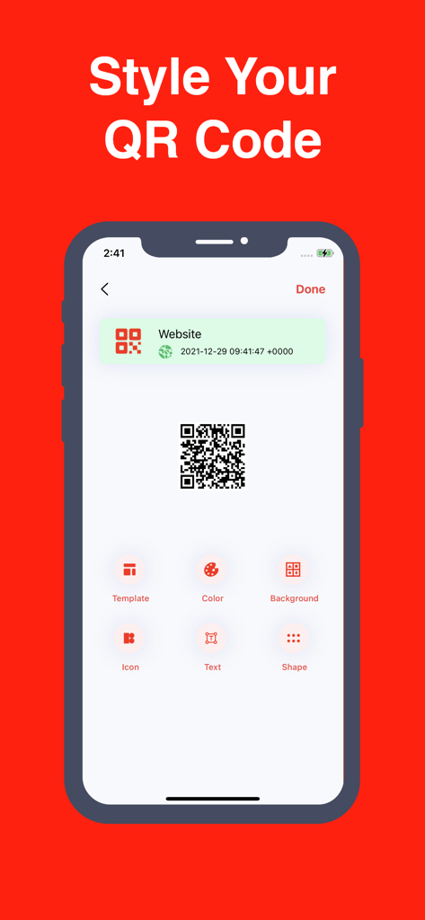 Mobile app screen showing QR code styling options like color, background, and icons