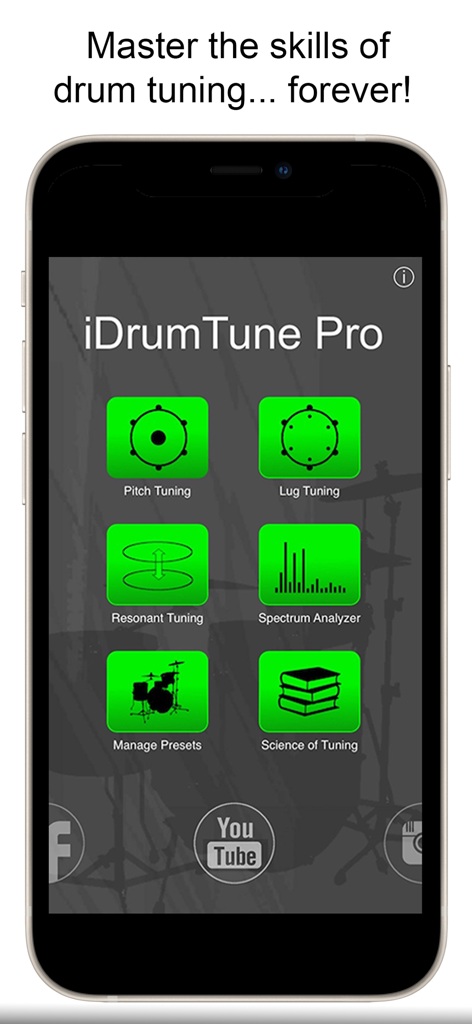 Drum Tuner - iDrumTune Pro - The home screen of iDrumTune Pro app displaying various drum tuning tools like Pitch Tuning and Lug Tuning