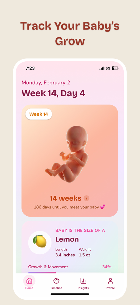 Pregnancy Tracker: Wombly - Wombly app interface showing a realistic 3D visualization of a baby at week 14 with a size comparison to a lemon.