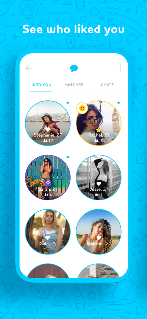 JSwipe - #1 Jewish Dating App - A screenshot of the JSwipe app showing a grid of circular profile photos in the Liked You section
