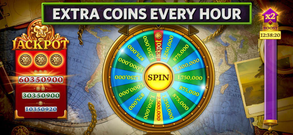 Una colorata ruota dei premi nel gioco Slots on Tour su uno sfondo di mappa del mondo che mostra ricompense extra di monete orarie e totali del jackpot.