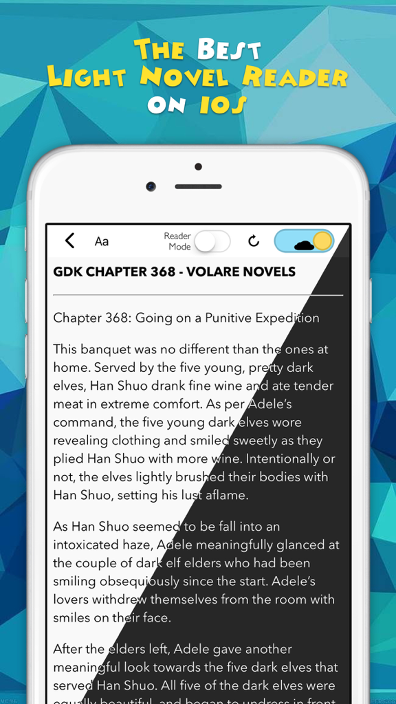 Novel Updates app interface showing a light novel chapter with reader mode settings on an iPhone