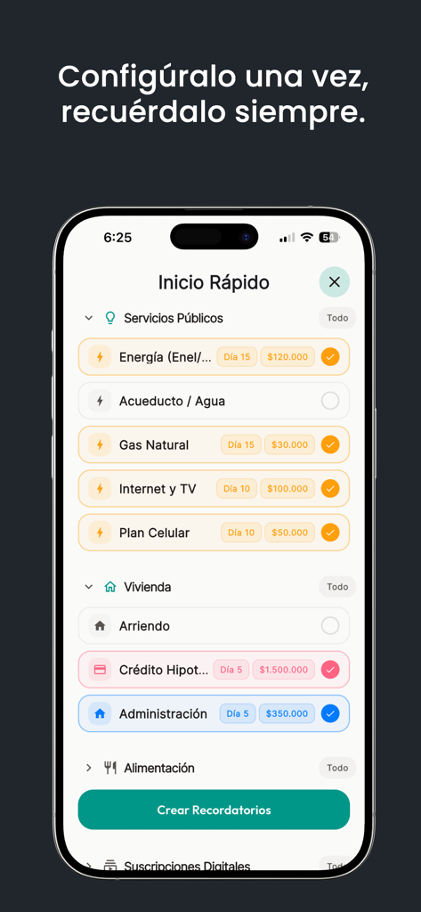 NoSeMePasa: Planeador de Pagos - Mobile Oberfläche der NoSeMePasa App zeigt Rechnungskategorien wie Nebenkosten und Wohnen für Zahlungserinnerungen
