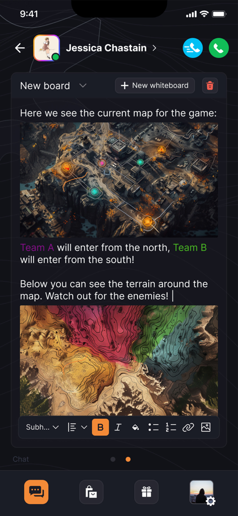 Sonix app whiteboard feature showing game maps and tactical instructions for gaming teams.