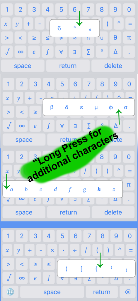 Math Keyboard For Equations - Math keyboard interface showing long press feature for additional symbols and variables