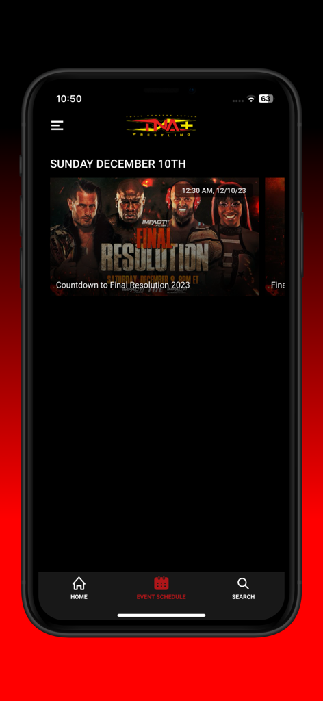 TNA plus app event schedule screen showing a promotional banner for the Final Resolution wrestling event.
