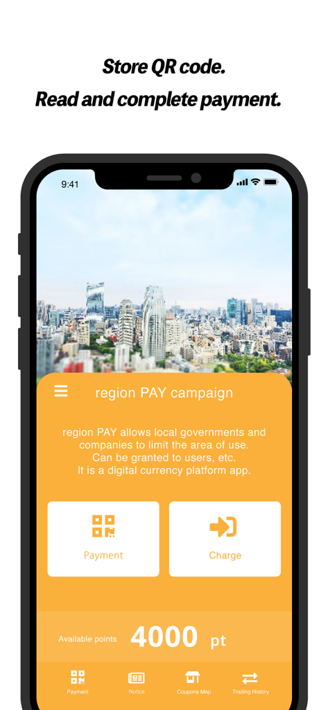 Region PAY app screen displaying available points and options for payment and charging through QR codes.