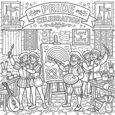 Step back in time and celebrate Pride Month with this unique coloring page featuring joyful Renaissance painters. Discover a scene rich with artistic flair, rainbows, and heartfelt expressions of love and community.
