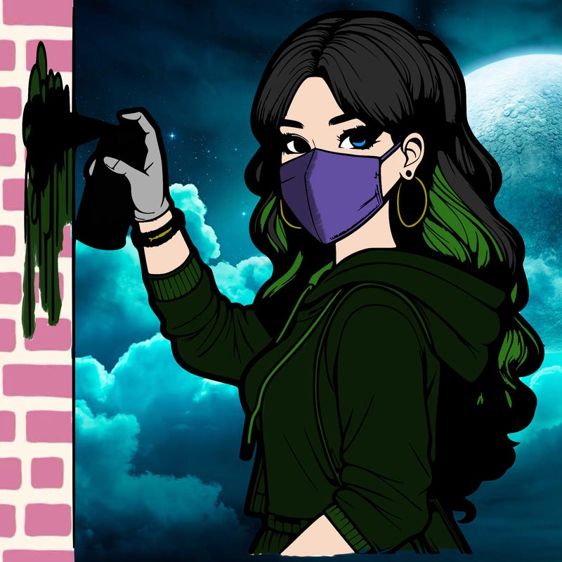 realistic girl with mask spray painting a wall