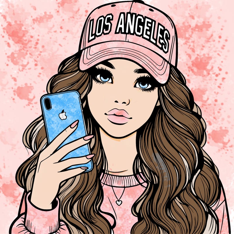 realistic beautiful girl wearing los ángeles cap holding an iphone