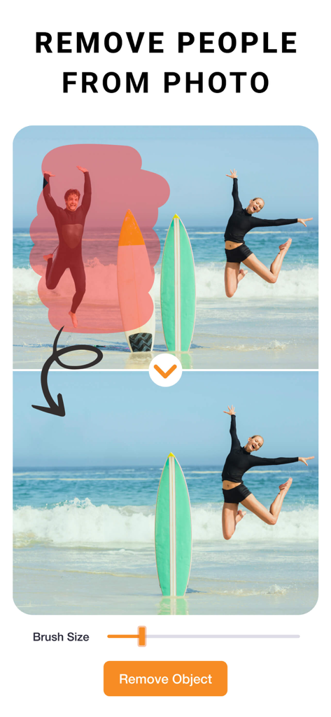 Photo Cut: Cutout pro & paste - Interfaz de la aplicación PhotoCut que demuestra cómo eliminar a una persona de una foto de playa usando la herramienta de eliminación de objetos