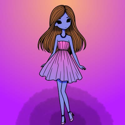 skinny girl in a elegant flowy dress with straight hair and small pearl necklace