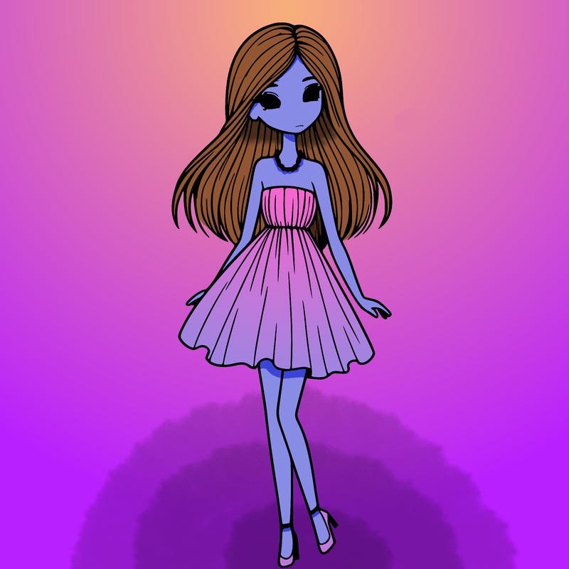 skinny girl in a elegant flowy dress with straight hair and small pearl necklace