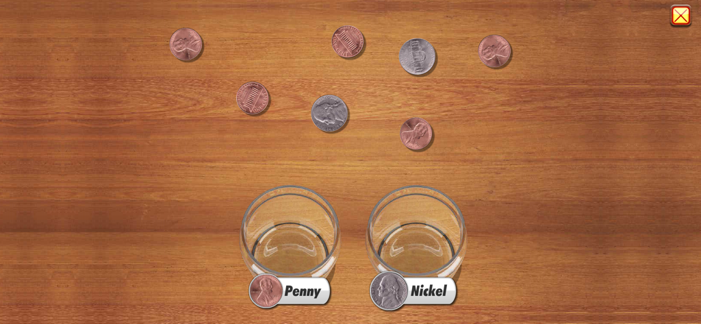 Atividade educativa de classificação de moedas com pennies e nickels