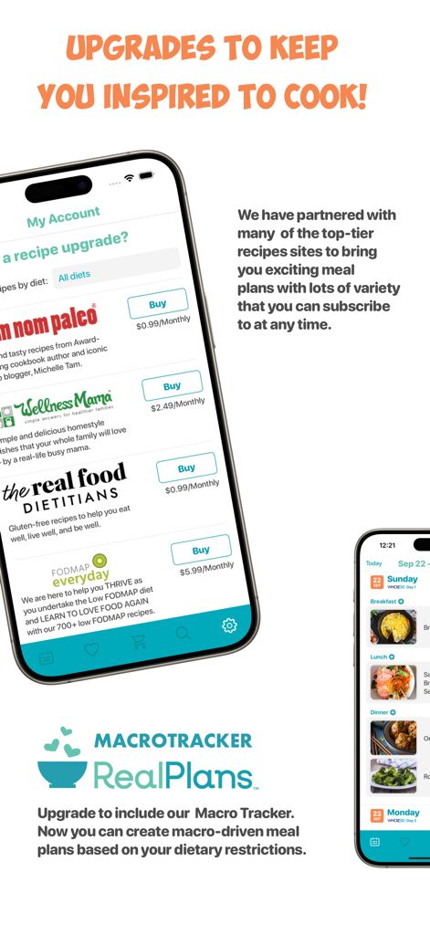 Real Plans - Meal Planner - Real Plans meal planner app showing recipe partner upgrades and macro tracker options