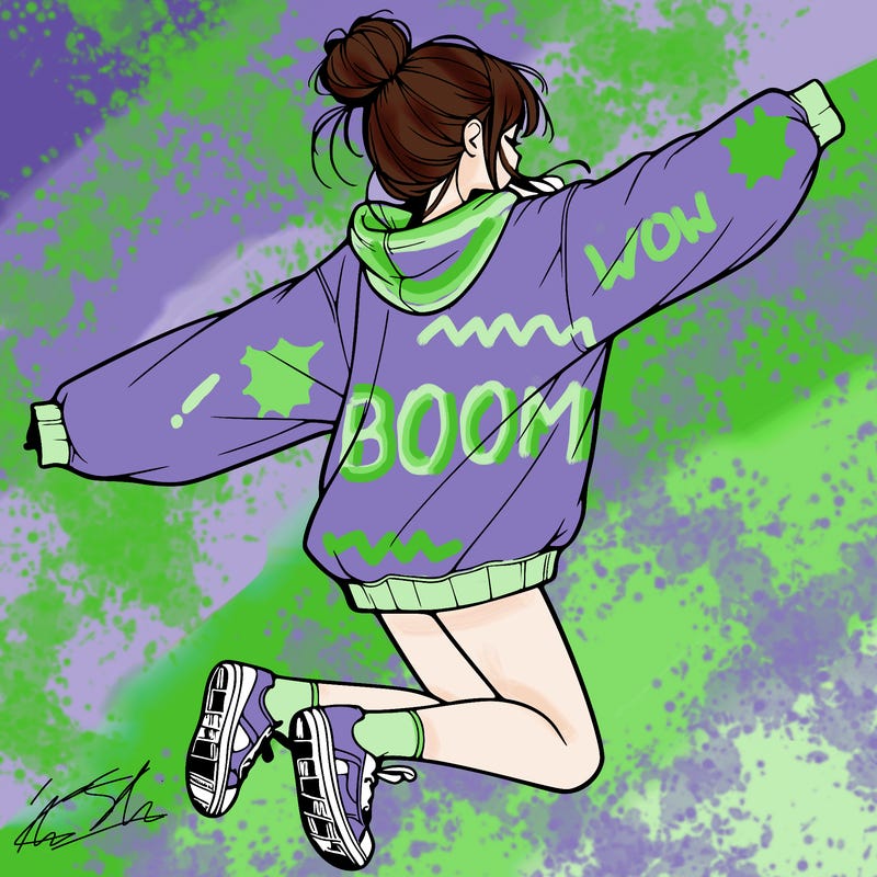 realistic girl jumping with a bun and oversized sweatshirt