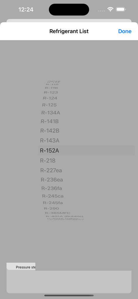 HVAC RefCharge - A selection menu showing a list of various refrigerants in the HVAC RefCharge app