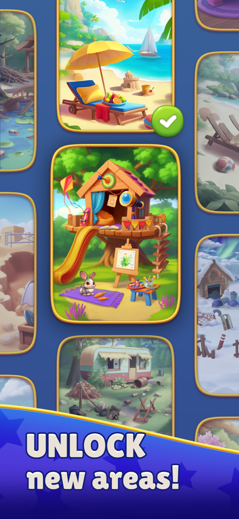 Mighty Match 3D Puzzle Game screenshot showing various unlockable environments like a beach and a treehouse