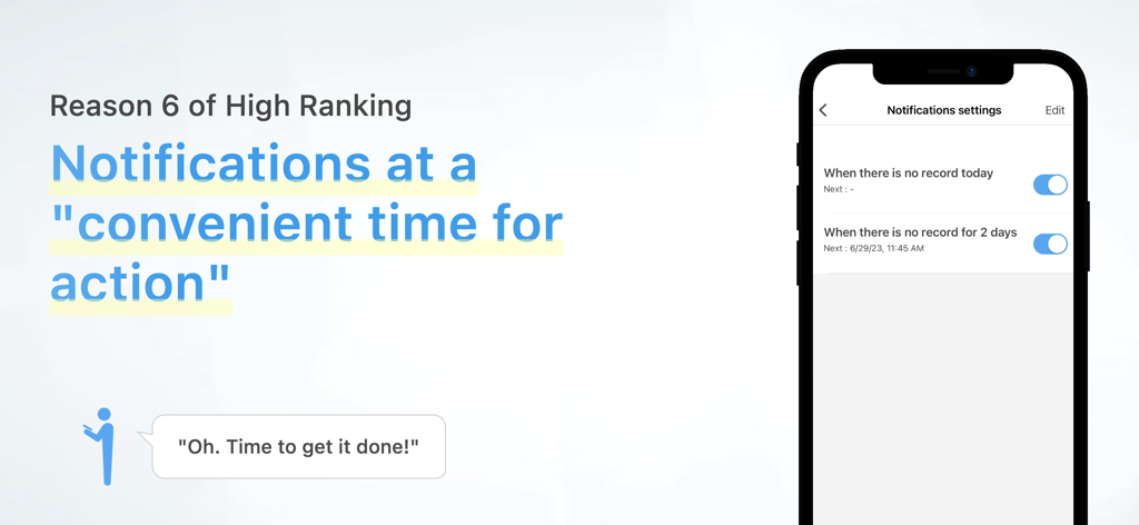 Pantalla de ajustes de notificación de la aplicación Habit que muestra recordatorios para registros diarios omitidos