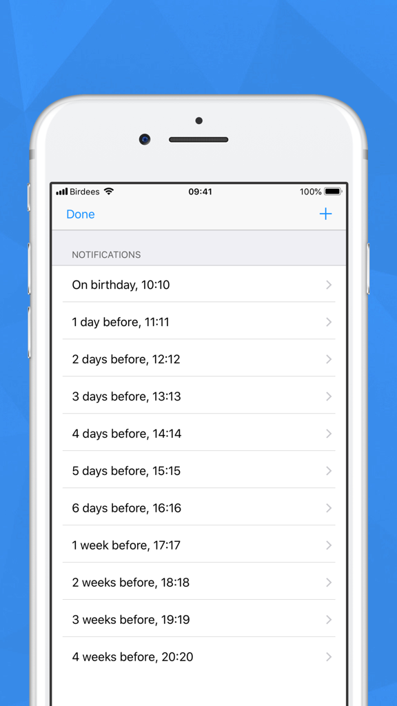 Birdees - Birthday Reminder - Interface of Birdees app showing multiple customizable birthday notification options from one day to four weeks in advance