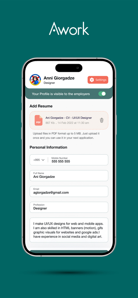 Awork app user profile interface showing resume upload and personal information fields.