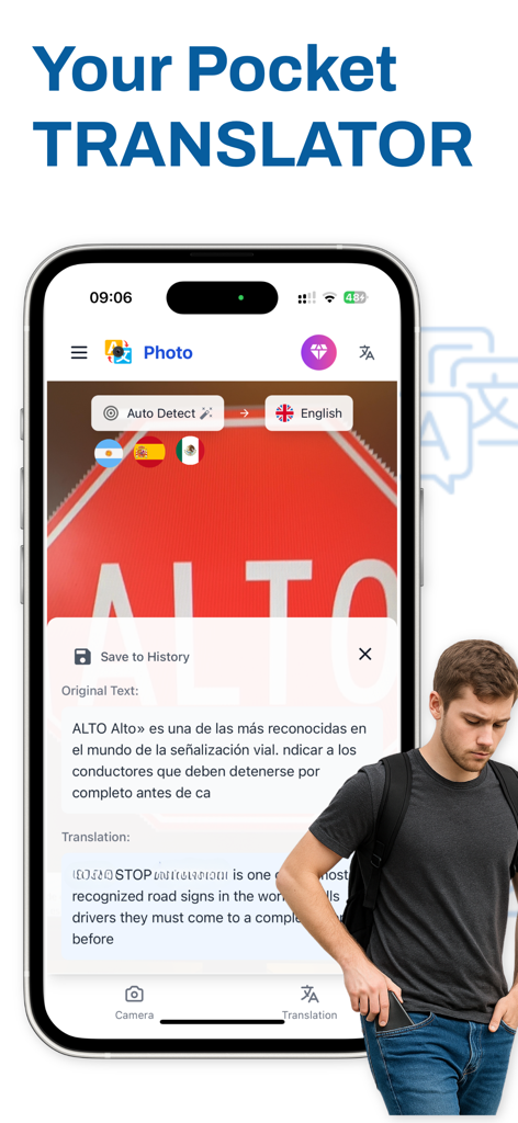 Text & Photo Translator - スペイン語の「止まれ」の標識を英語に翻訳しているText and Photo Translatorアプリが表示されたスマートフォン画面