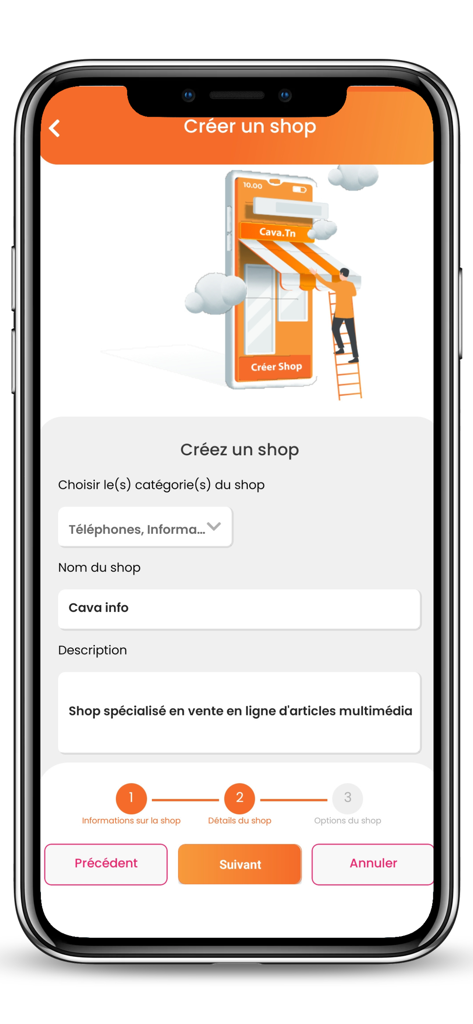 Interface para criar uma loja profissional no aplicativo de marketplace Cava.tn