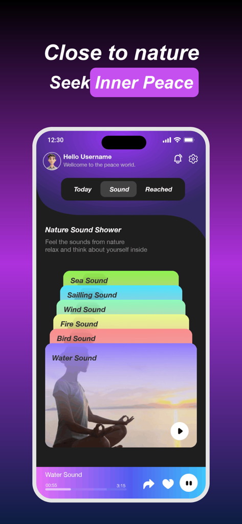 Uka - Adult Sport，Girl Chat - Uka app interface displaying nature sounds for meditation including water and bird sounds