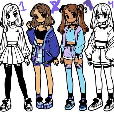 one girl with crop-top shirt and a jacket with a skirt, long socks and another girl with a shirt and pants with a jacket