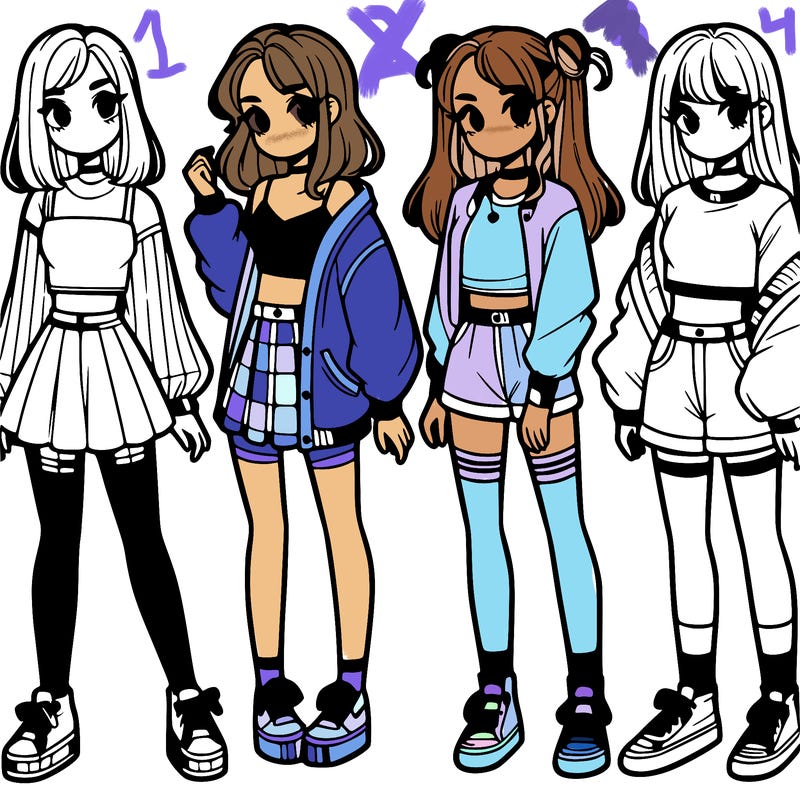 one girl with crop-top shirt and a jacket with a skirt, long socks and another girl with a shirt and pants with a jacket
