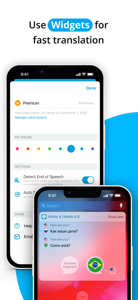 Aplicación Speak and Translate que muestra el widget de iOS y la configuración personalizada en las pantallas del iPhone