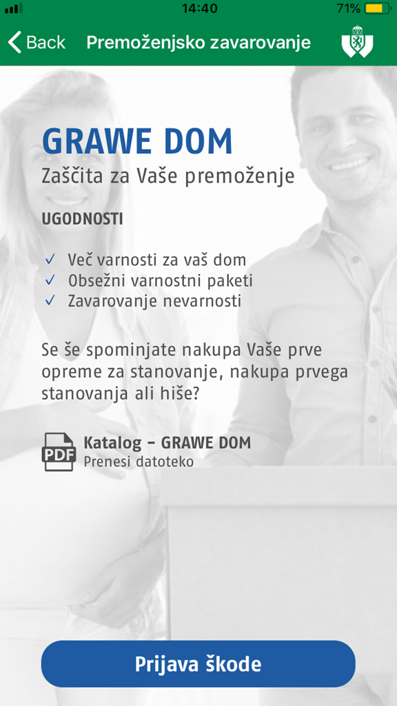 Screenshot of the GRAWE APP showing home insurance options and a report claim button.