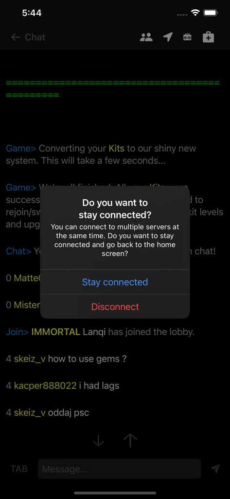 ChatCraft Pro for Minecraft - ChatCraft Pro app popup asking to stay connected to multiple Minecraft servers