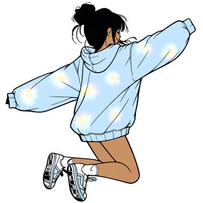 realistic girl jumping with a bun and oversized sweatshirt